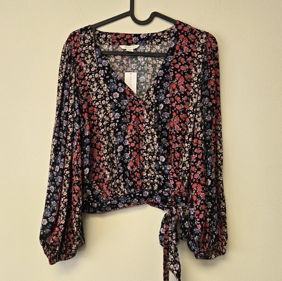 American Eagle Faux Wrap Balloon Sleeve Floral V-Neck Top S - Picture 2 of 8
